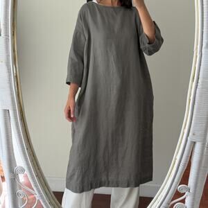 Muji 100% Linen Shirt Dress Large Gray Midi Lagenlook Modest Kaftan Pockets